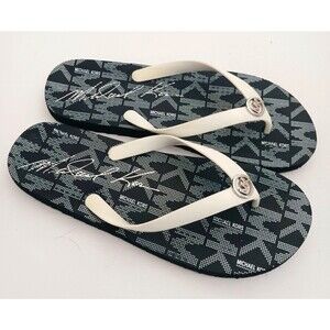 Michael Kors Jet Set Flip Flops Navy Logo Insole White Straps Silver Logo 10M